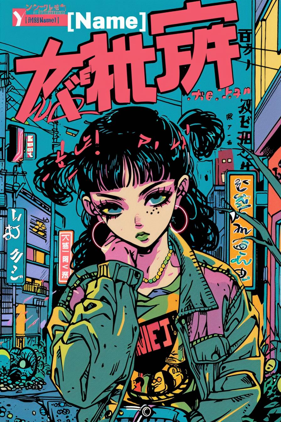 1990s manga style cover page of [Subject] with a trendy text manga title that says “[Name]”, colorful