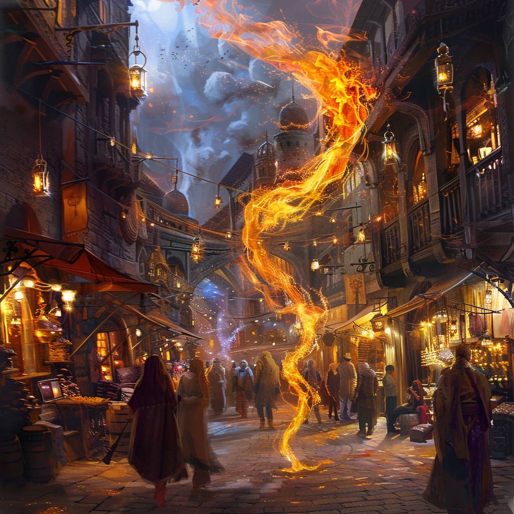 Close up shot of a living flame wisp darting through a bustling fantasy market at night.