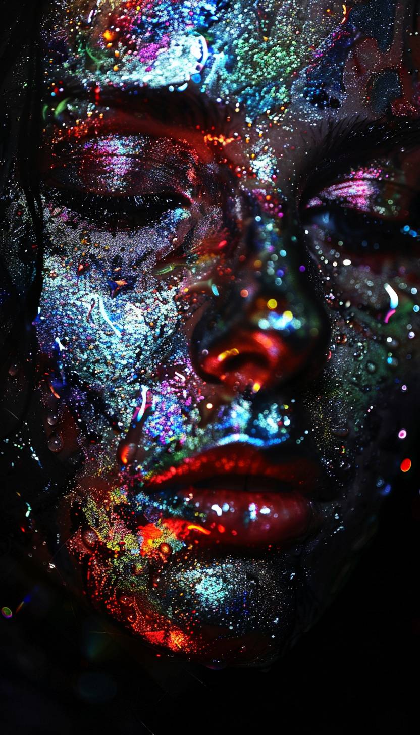 Droplets of [COLOR] creating an abstract geometric pattern of a woman's face, black-glittered background