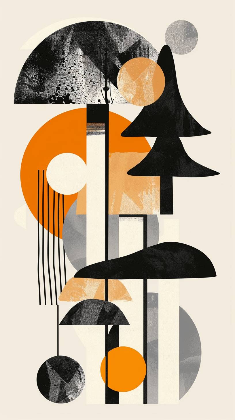 Abstract vector graphic design with mushroom shapes, simple geometric forms, and bold lines in black, white, gray, beige, orange, and yellow in the style of a poster