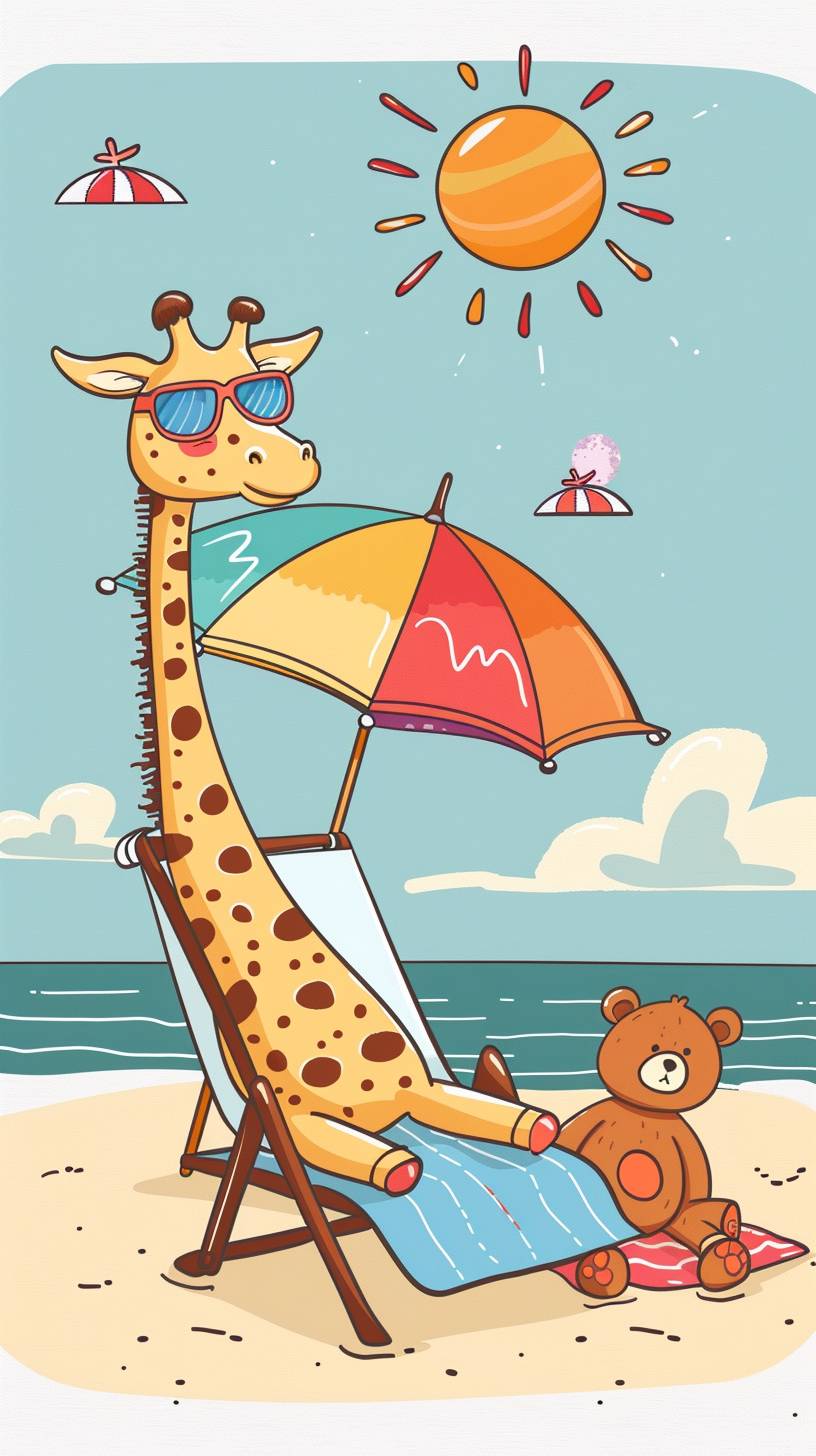 カートゥーンスタイル、色とりどりの傘の下でビーチチェアに寝そべるキリン、サングラスをかけた熊が隣にタオルに横たわっている、晴れた日、空は快晴、ミニマリスティックな背景