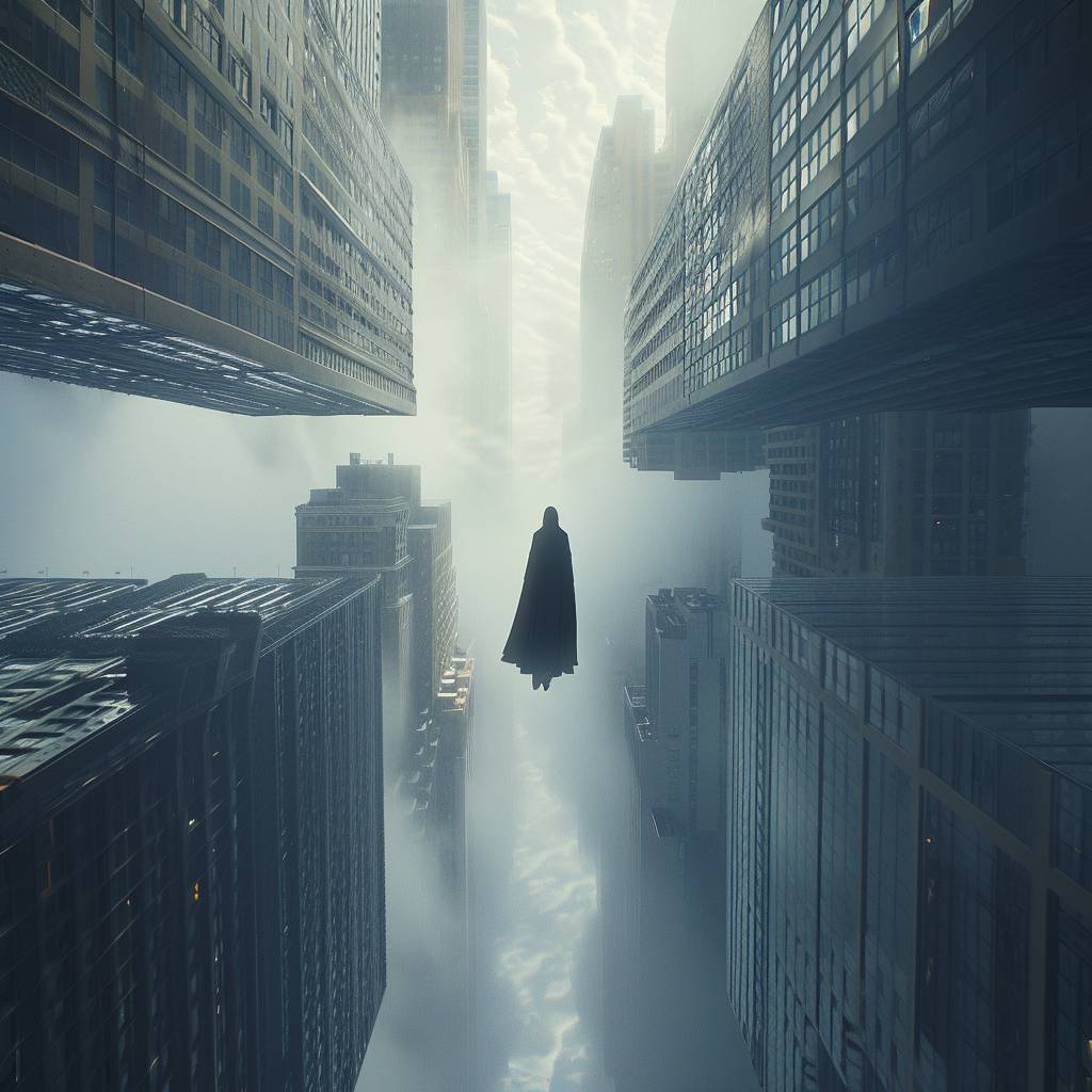 Aerial view shot of a cloaked figure elevating in the sky between skyscrapers.