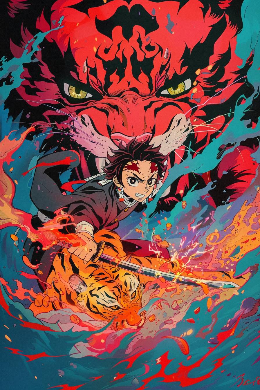 An extremely colorful and vibrant manga panel of the anime demon slayer, in which Zenitsu Agatsuma is fighting with his tiger spirit animal and holding a fire sword against an oncoming red monster demon. In the background, there is also Giyu Tomioka sitting next to him. The colors are bright and saturated, creating an intense atmosphere. It captures the style in the style of Katsuhiro Otomo.