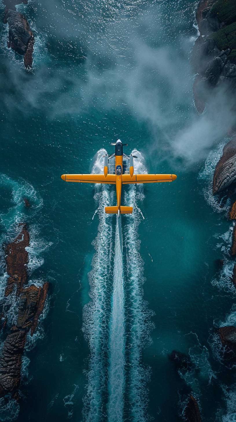 Create an aerial view of a yellow seaplane flying over the Great Cameron Reef, leaving a white contrail against the deep blue ocean. Employ a drone photography style to capture the unique perspective. Integrate surreal elements in the Greatzoan style to add a touch of the extraordinary. Emulate the storytelling and realism of National Geographic photography. Keep the composition minimalist, focusing on the plane, its contrail, and the vastness of the ocean. Use dramatic lighting to enhance the mood and post-process the image to bring out the colors, contrast, and details.