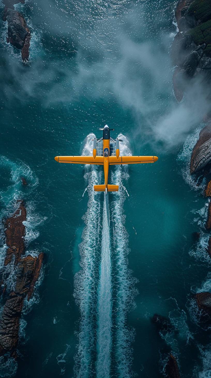 グレートキャメロンリーフを飛ぶ黄色の水上飛行機の上空からの眺めを描画し、深い青い海に対して白いコントレイルを残します。ドローン撮影スタイルを使用して、ユニークな視点を捉えます。グレートゾアンスタイルの超現実的な要素を組み込み、非凡なタッチを追加します。ナショナルジオグラフィック写真の物語性とリアリズムを模倣します。飛行機、そのコントレイル、広大な海洋に焦点を当てた、構図をミニマリストに保ちます。劇的な照明を使用して雰囲気を高め、色彩、対比、詳細を引き出すために画像を加工します。