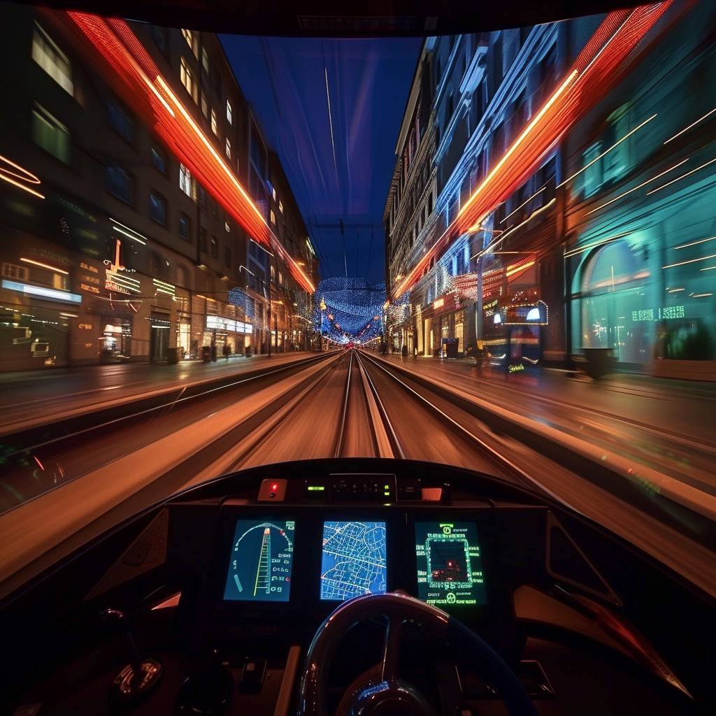 FPV, internal locomotive cab of a train moving at hyper-speed in an old European city.