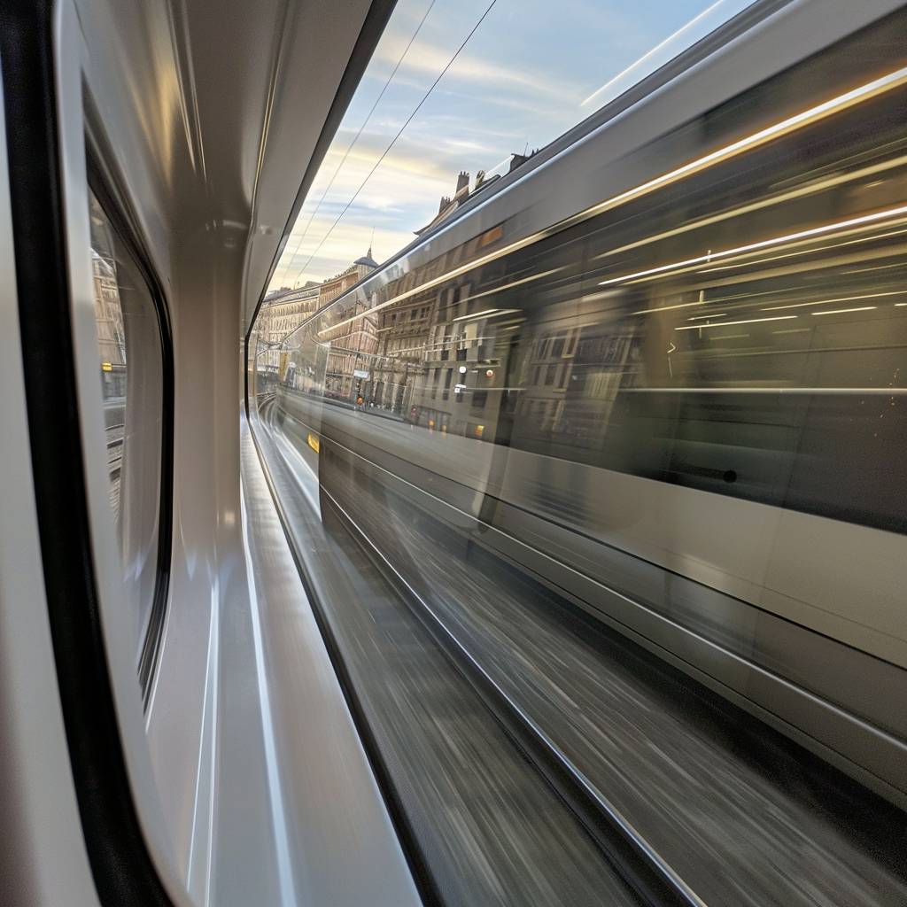 Internal window of a train moving at hyper-speed in an old European city.