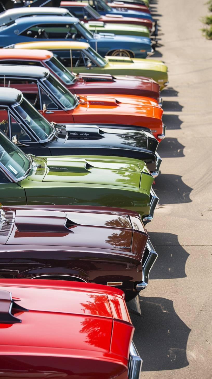 A long row of 1960's and 1970's muscle cars of all different types and designs and colors