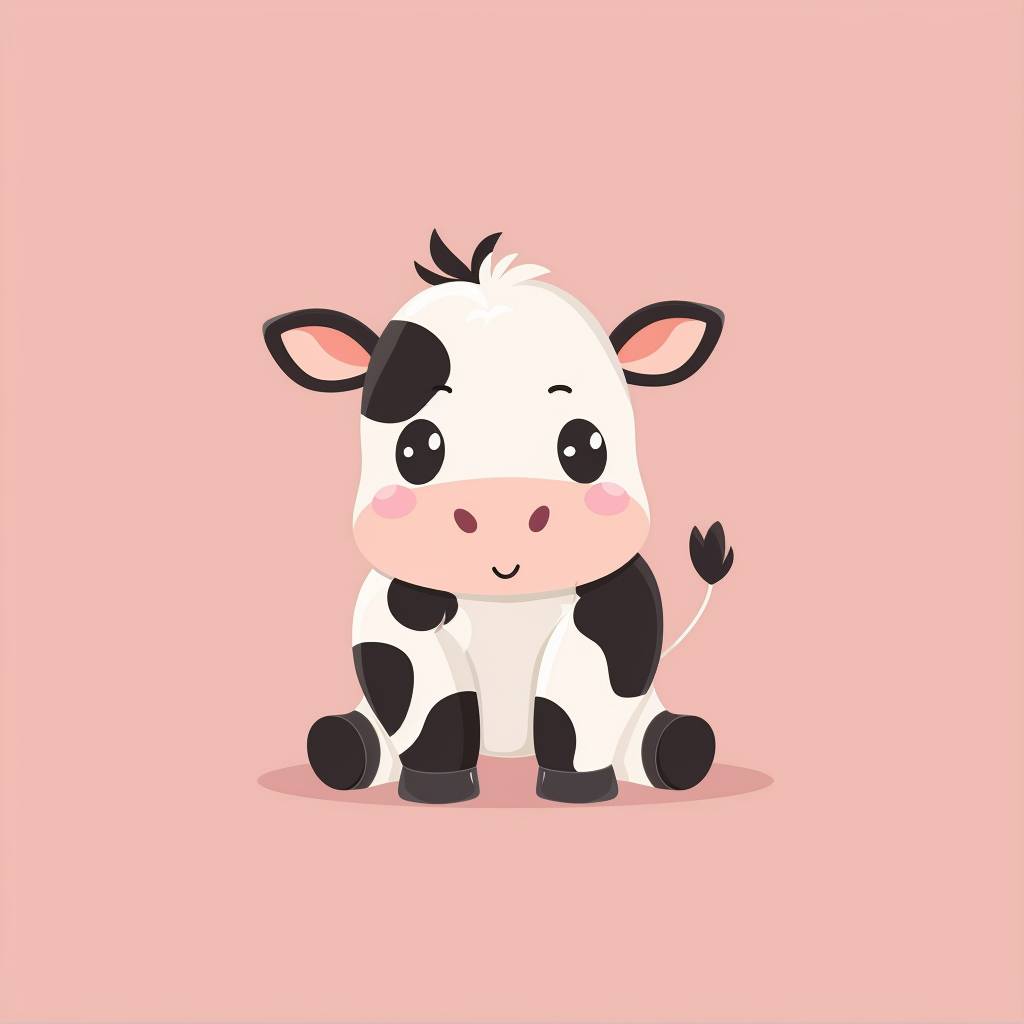 A cute baby cow in the style of Kawaii, all depicted as adorable characters against a soft pink background. The design is simple yet endearing, featuring clean lines and flat colors to capture an overall cheerful atmosphere.