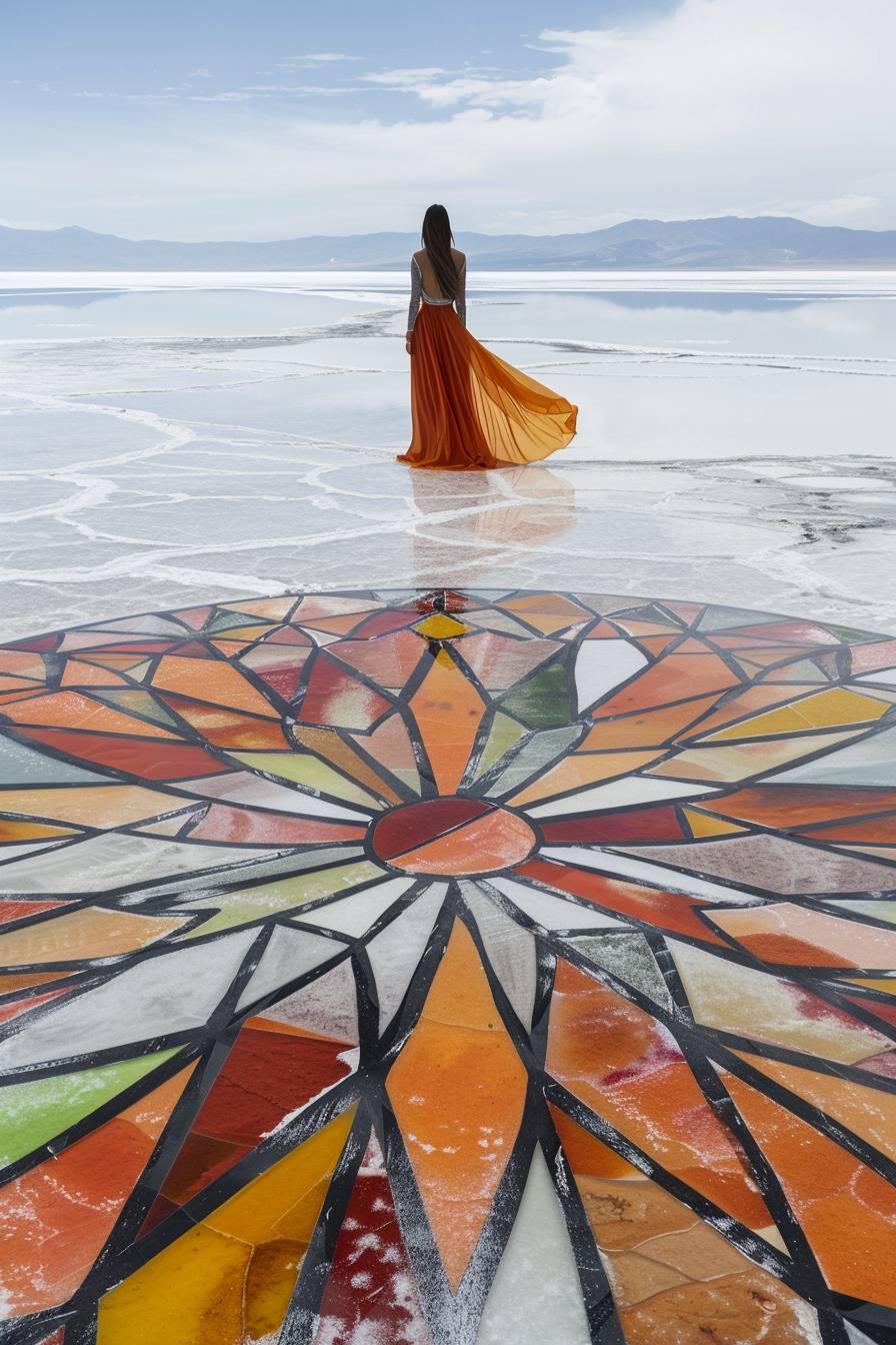 Visualize a large, reflective salt flat in Bolivia, where Graafland has created an intricate, geometric pattern using colored salt. In the center, a solitary figure stands, dressed in a flowing, brightly colored garment that blends with the artwork. This scene is shot with a Nikon Z7 II, capturing the vastness and the surreal quality of the artwork against the stark, white background.