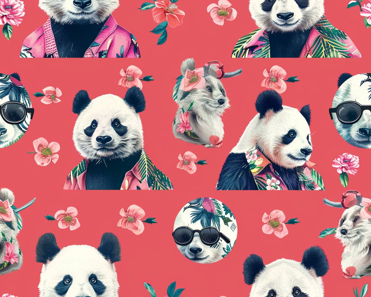 Memes, one-of-a-kind, Full Length Shot, cute pandas dressed in fashion, all kinds of emojis, few and far between --ar 5:4 --tile --v 6.0