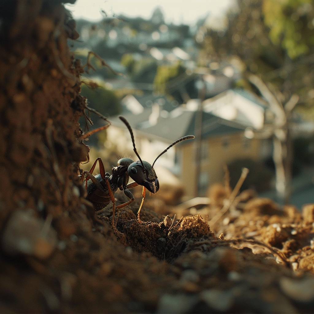 An extreme close-up shot of an ant emerging from its nest. The camera pulls back revealing a neighborhood beyond the hill.