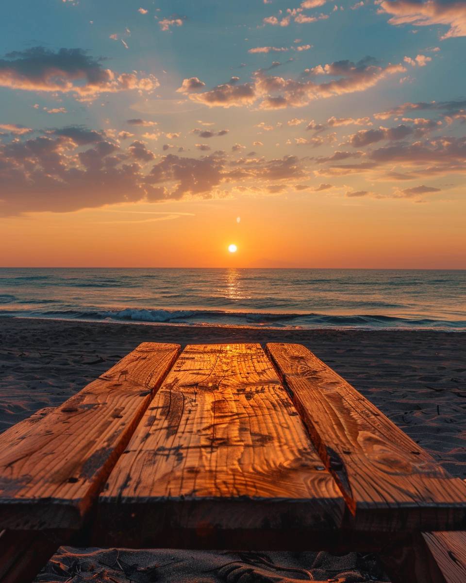 A wooden table on the beach with a sunset in the distance