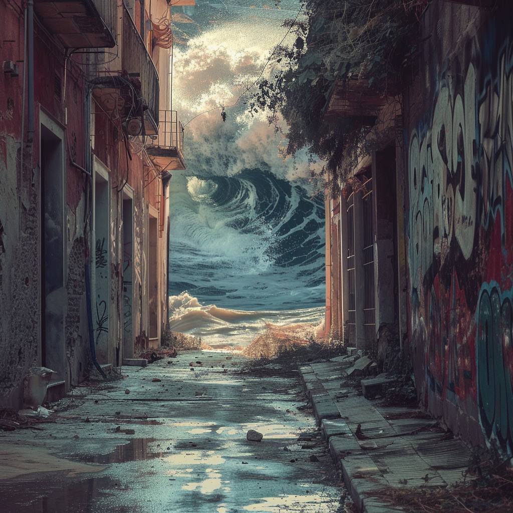 A tsunami coming through an alley in Bulgaria, dynamic movement.