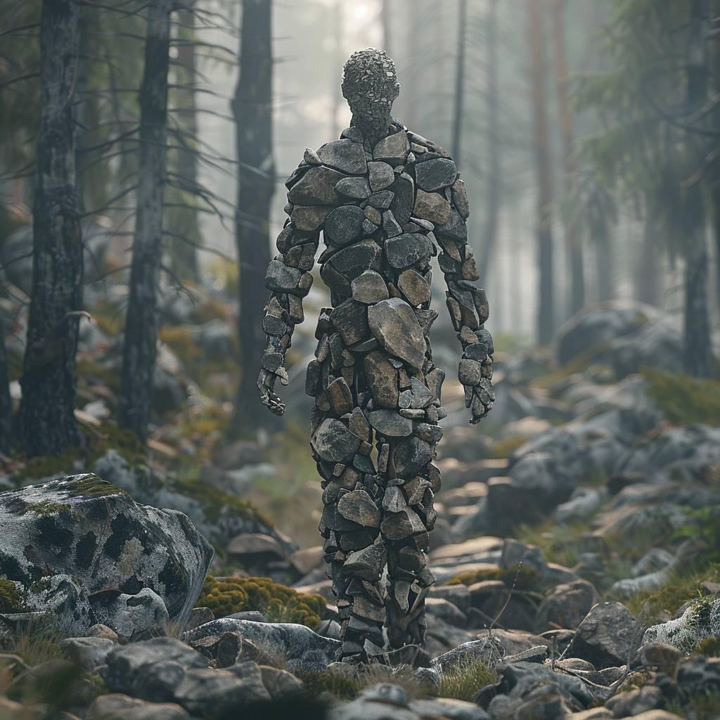 A man made of rocks walking in the forest, full-body shot.