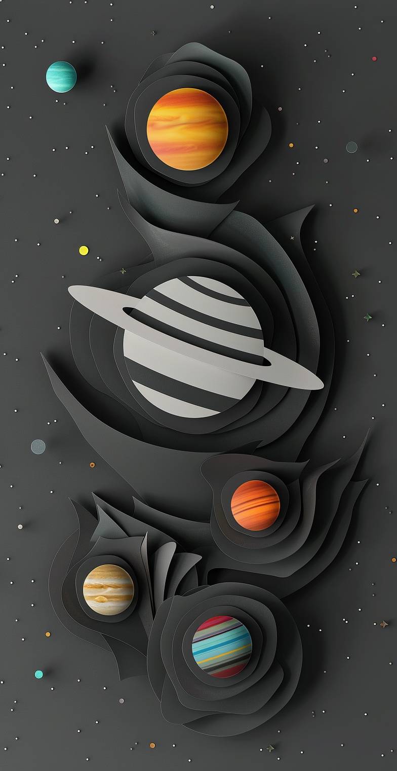 ペーパーカットスタイルで描かれた太陽系の惑星が配置された濃い灰色の背景。土星が中心に配置され、環が完全に見え、他の惑星は小さくてカラフルで、それぞれが異なるレベルに置かれて土星を取り囲むように配置されています。このデザインは、影のためにわずかに重なる黒い紙の層を使用し、深さを演出しています。ポスターまたは壁紙として使用でき、剪紙のスタイルで家の装飾に宇宙探査に関する楽しさと好奇心を加えます。