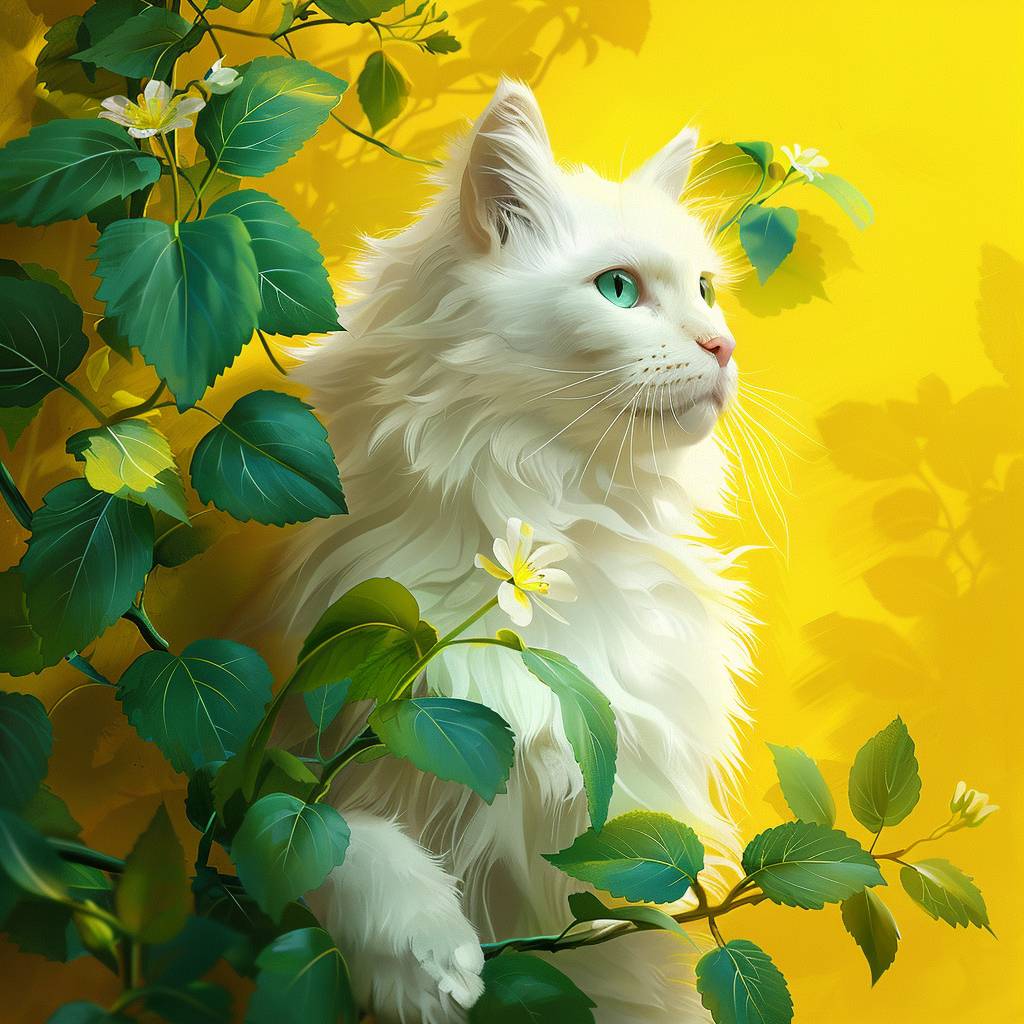 White cat with green flowers on yellow background