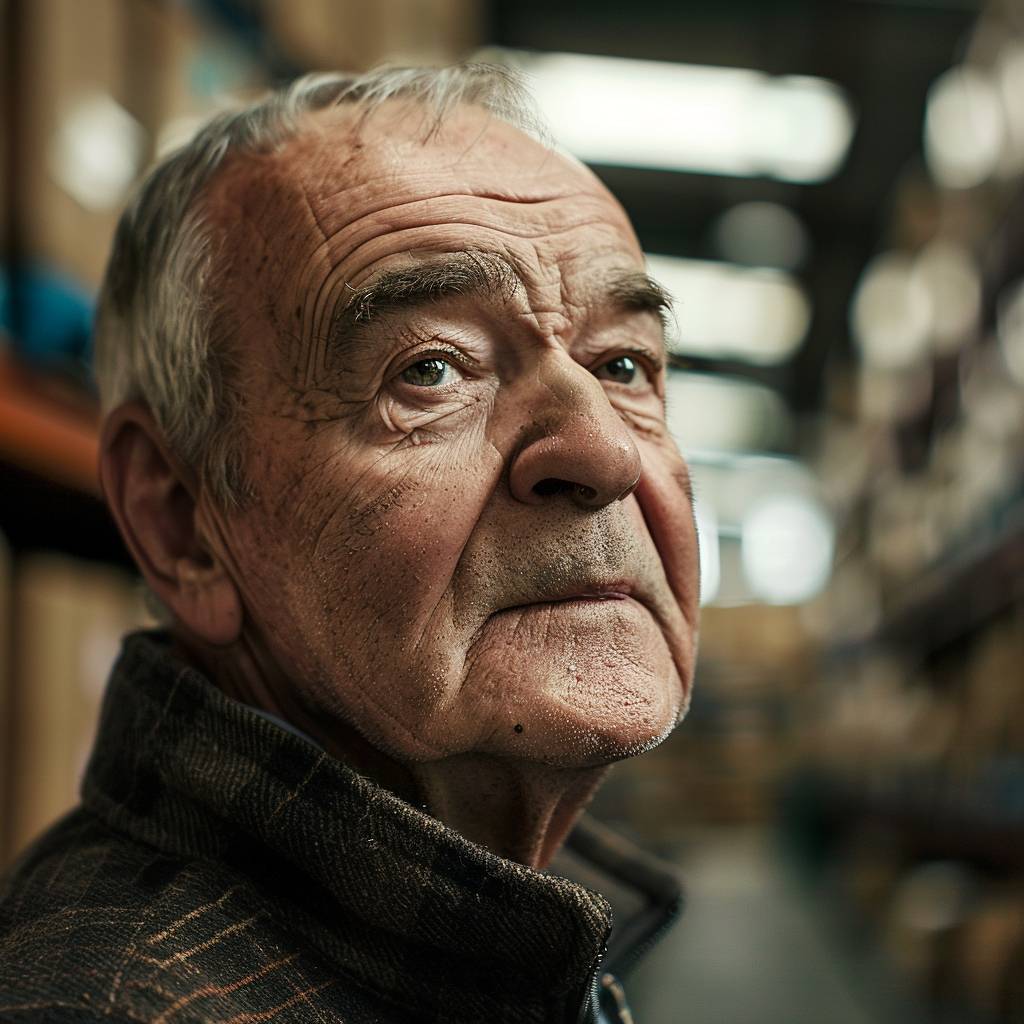 A close up of an older man in a warehouse, camera zoom out.