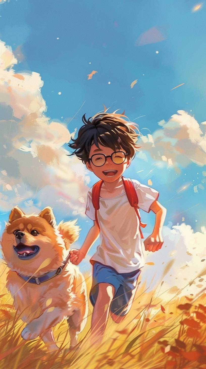 Hand drawn animation scene directed by Hayao Miyazaki, anime, a boy with glasses with his dog running in a field, the dog is a yellow chow chow, the boy wears glasses and a big shirt, in the style of Studio Ghibli.