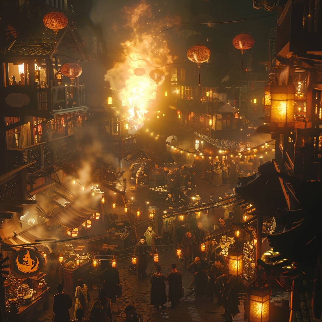 Close up shot of a living flame wisp darting through a bustling fantasy market at night.