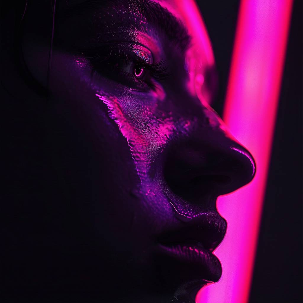 Neon [SUBJECT], chiaroscuro portraitures, sombre, high contrast, dark and mysterious, [COLOR] and [COLOR] palette, cinematic, epic realism, 8K, highly detailed --v 6.0