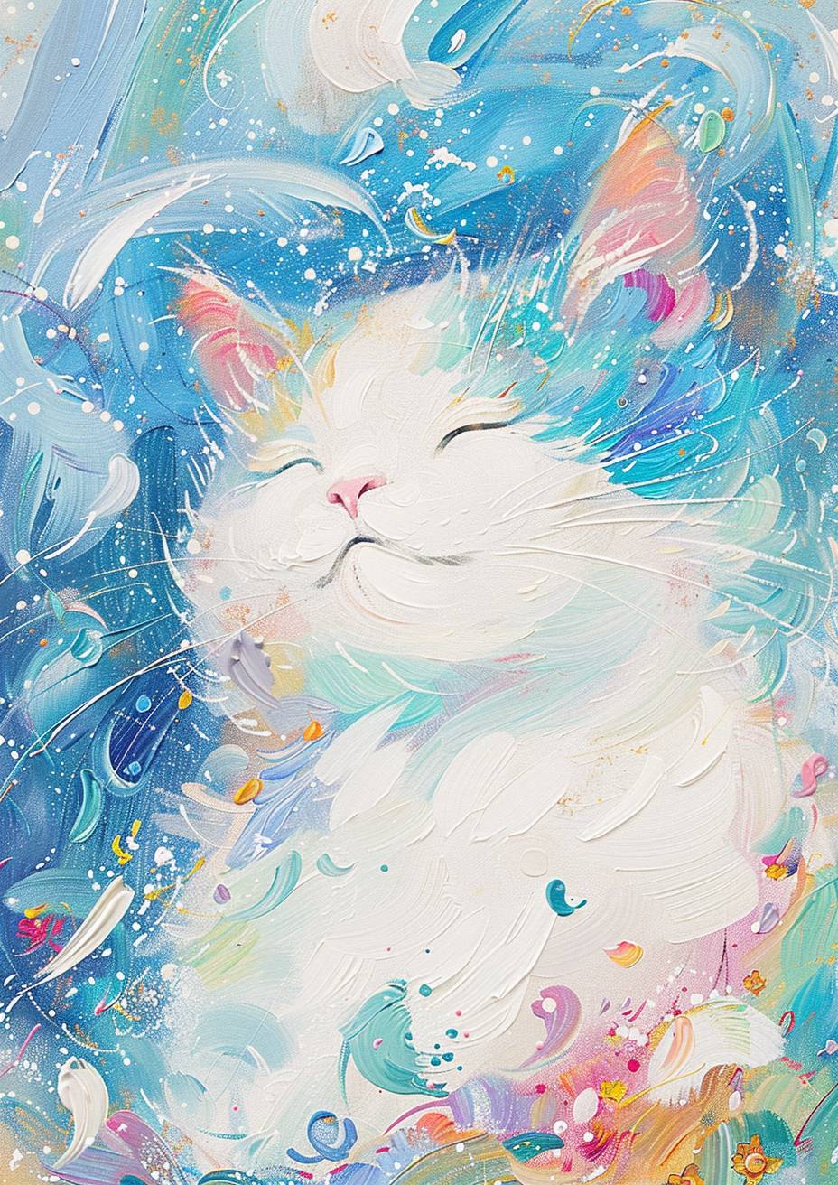 A lively cat depicted as a Dunhuang 'Feitian' (Flying Apsara) in ancient Buddhist art style, surrounded by colorful clouds and Galaxy of Stars, Soft lines. elegant and serene posture, expression of peace, eyes sparkling with wisdom. Oil painting, The color scheme of Monet's garden. Thickly painted oil painting, obvious oil brushstrokes. Full of creativity and aesthetic feeling. Minimalist. by Monet. UHD