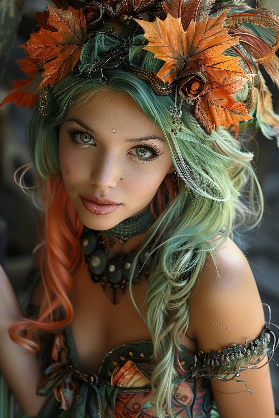 Beautiful crazy jungle woman, has a dress made of maple leafs