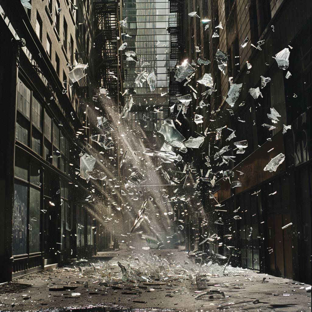 A cyclone of broken glass in an urban alleyway, dynamic movement.