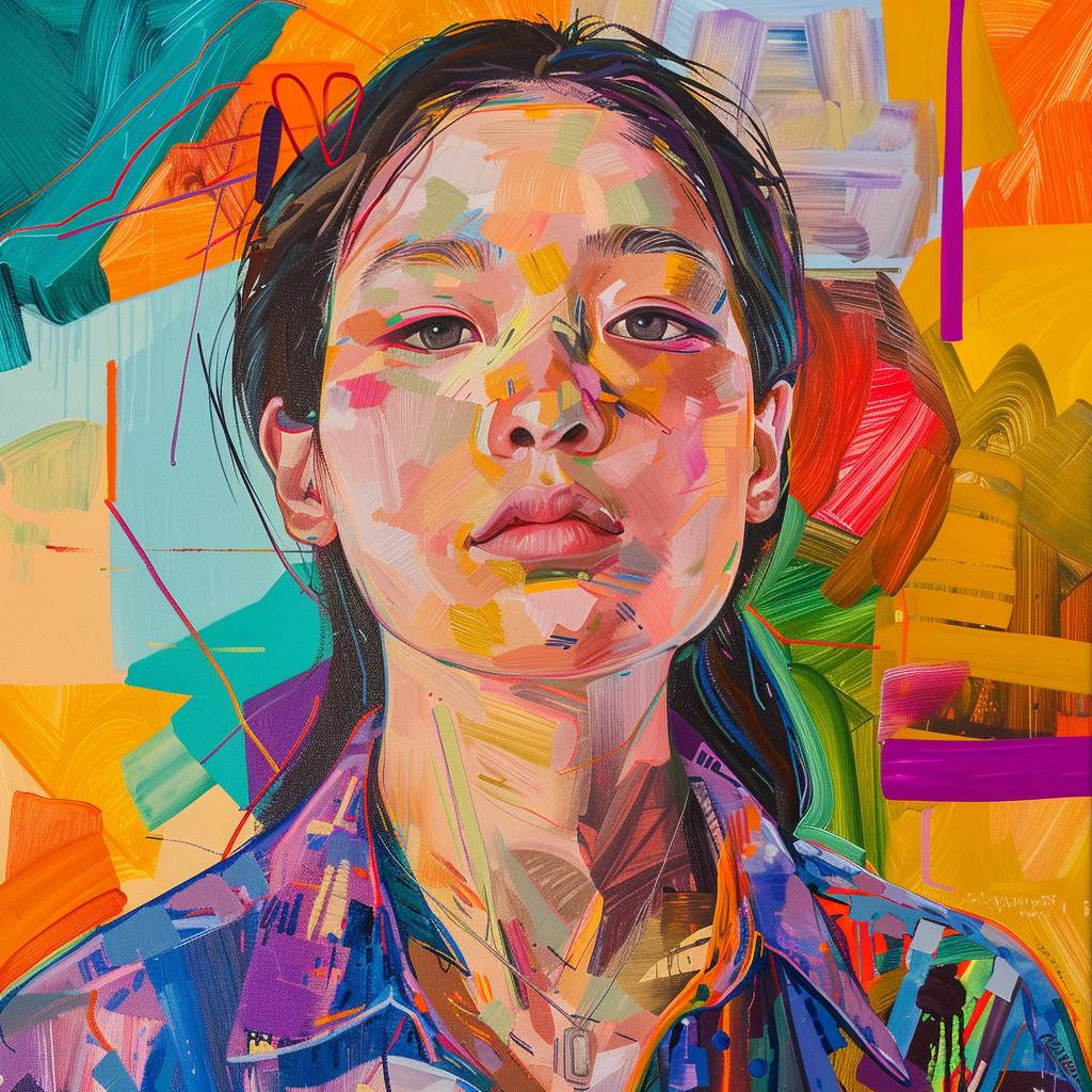 アジアの現代画家のスタイルで描かれた[SUBJECT]の絵、超現実主義、鮮やかな色彩、フォーヴィスム、抽象的な形状の背景、肖像
