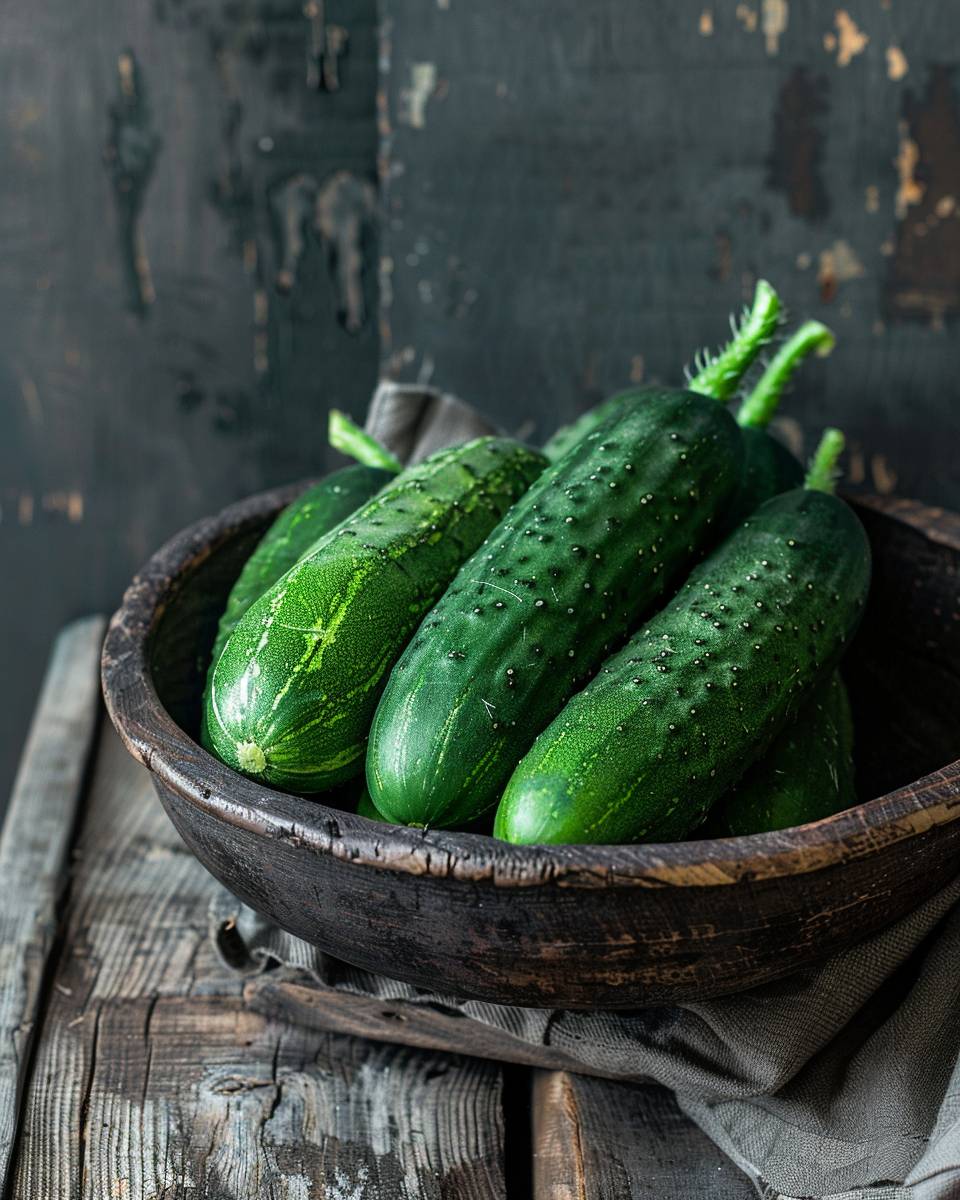Photo of fresh cucumbers, magazine photo quality, minimalist style, rustic