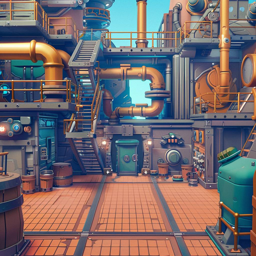 Brawl Stars scenario | a steampunk factory | 2.5D style | mobile videogame graphics