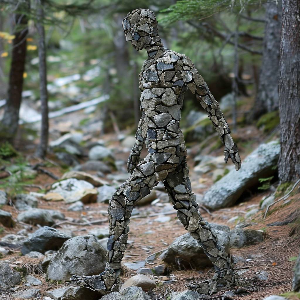 A man made of rocks walking in the forest, full-body shot.