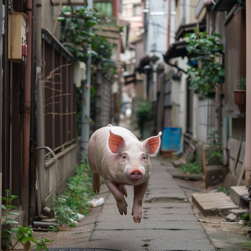 東京の路地でカメラに向かって速く走るピンクのブタ。