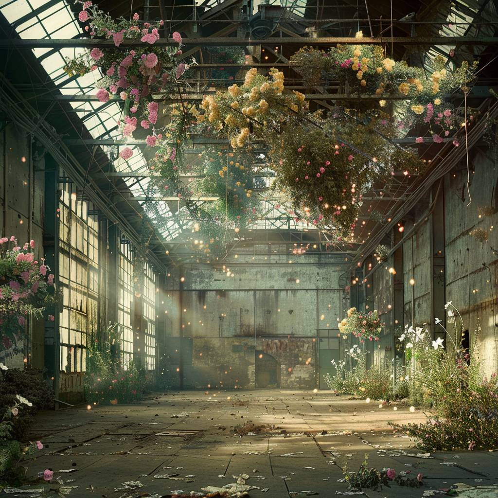 An empty warehouse dynamically transformed by flora that explode from the ground.