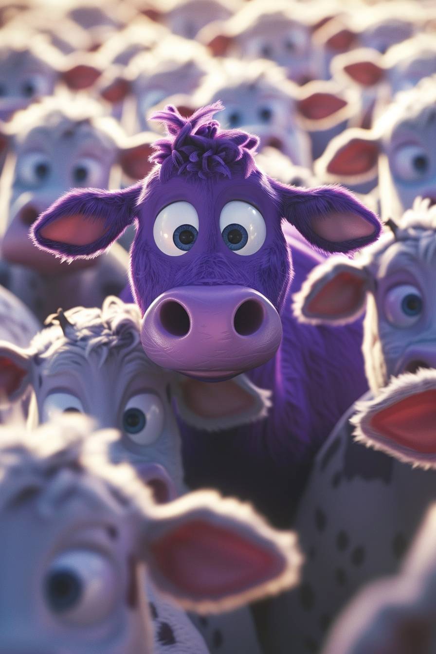 A single purple cow surrounded by a bunch of plain colored cows. Disney Pixar cartoon character, a cute and colorful design, 3D rendering, high resolution, ultra detailed, best quality.