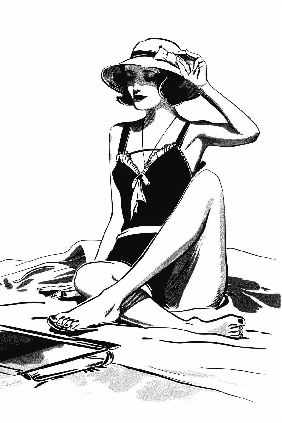 ジャック・プレヴェールのイラストアート、1930年のビーチでのイラスト少女、1930年代、線画、シンプルな白い背景