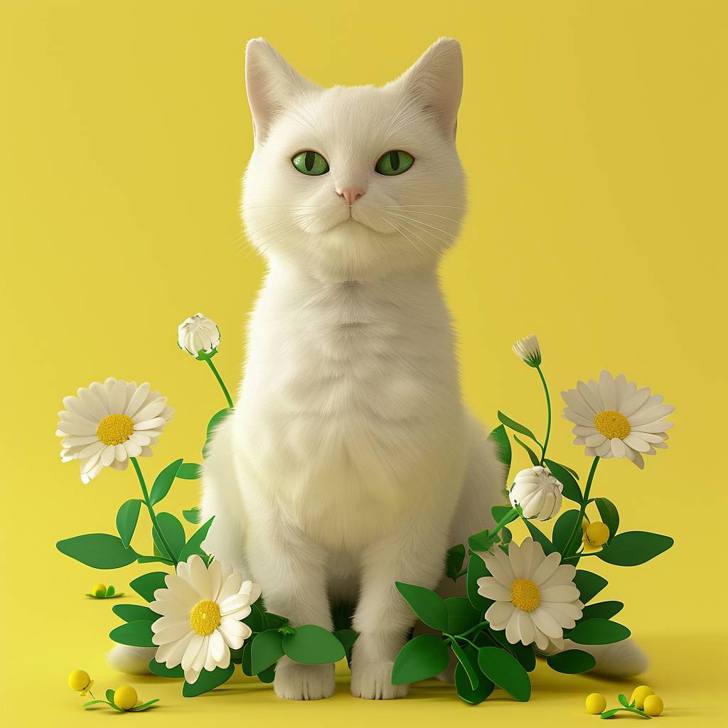 White cat with green flowers on yellow background