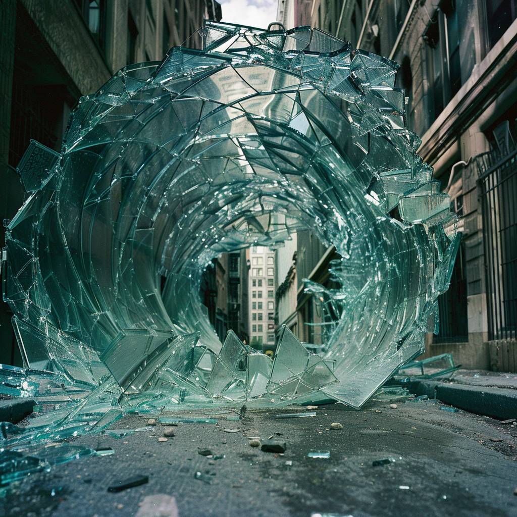 A cyclone of broken glass in an urban alleyway, dynamic movement.