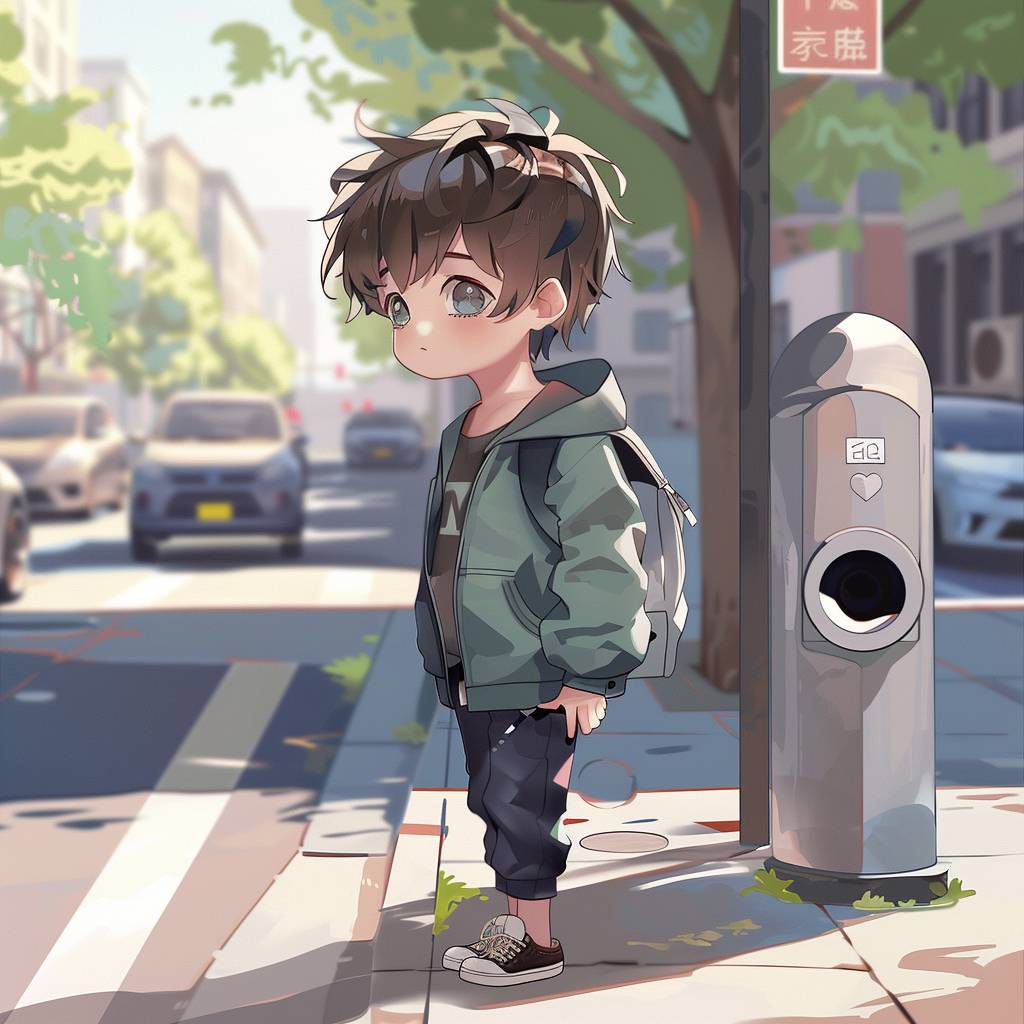 Adorable cartoon boy walking on sidewalk, silver American car parking next to parking meter, anime character art