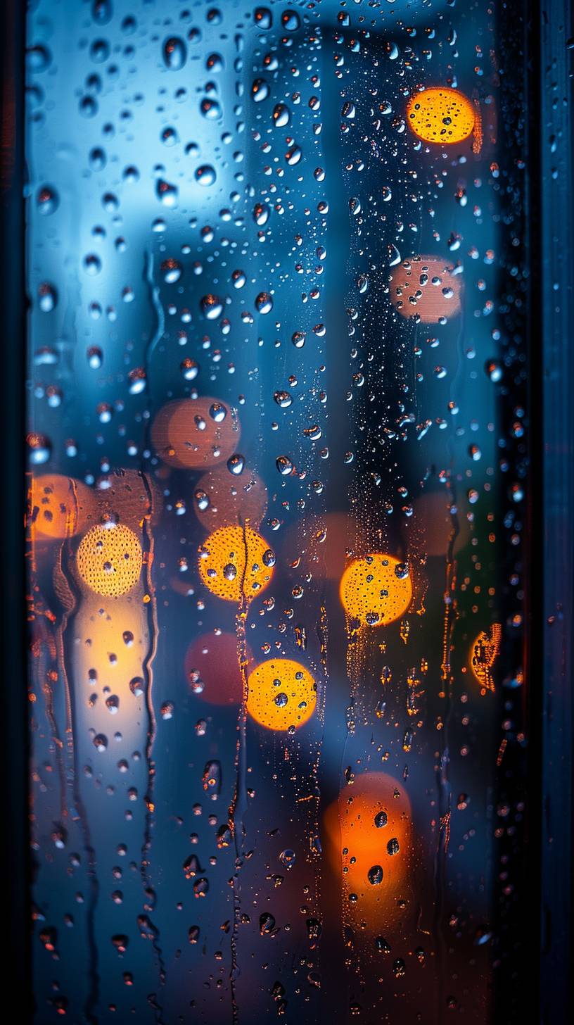 Raindrops on the glass, blurry background of night sky, mobile phone wallpaper, high definition photography, macro shot, high resolution, high detail