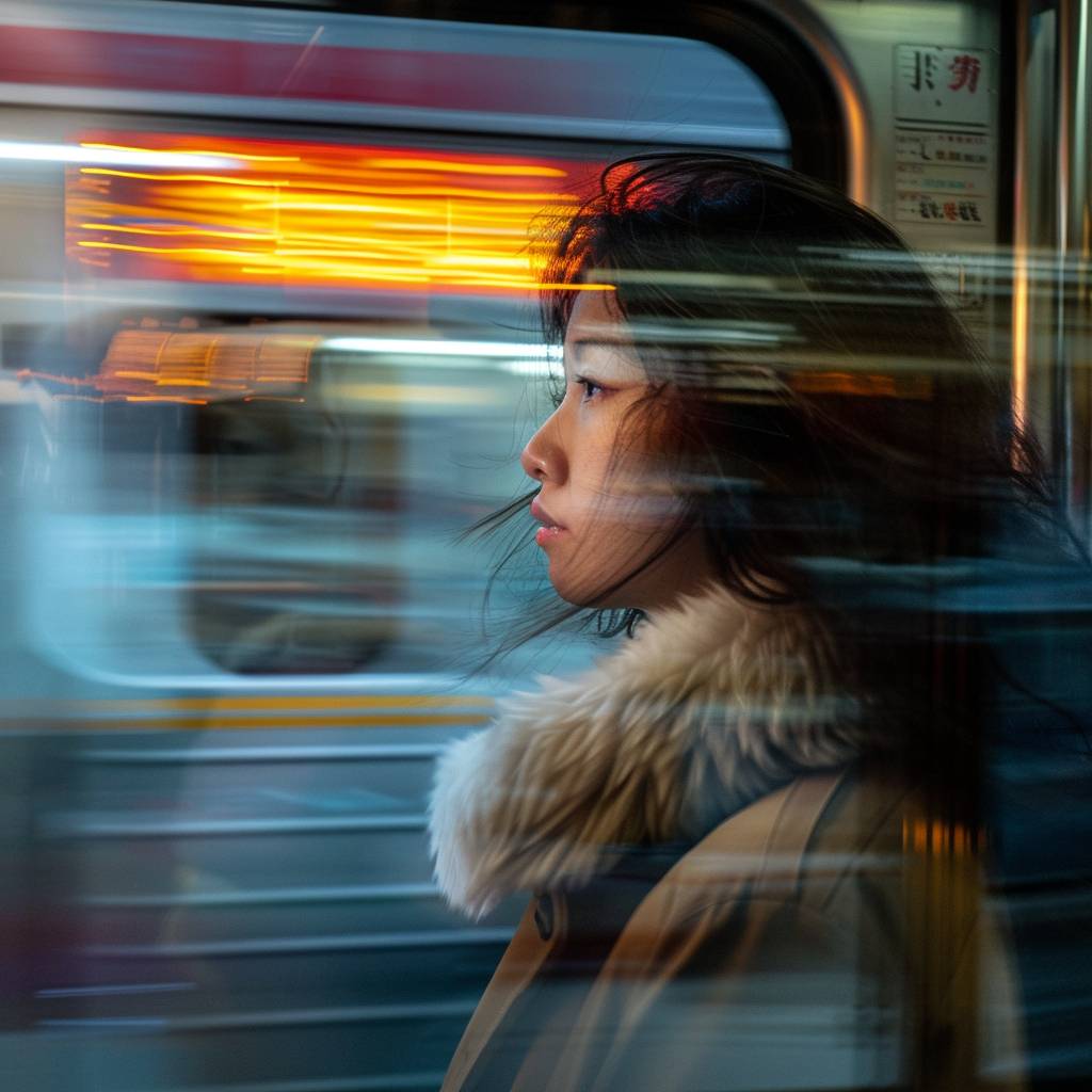 Subtle reflections of a woman on the window of a train moving at hyper-speed in a Japanese city.