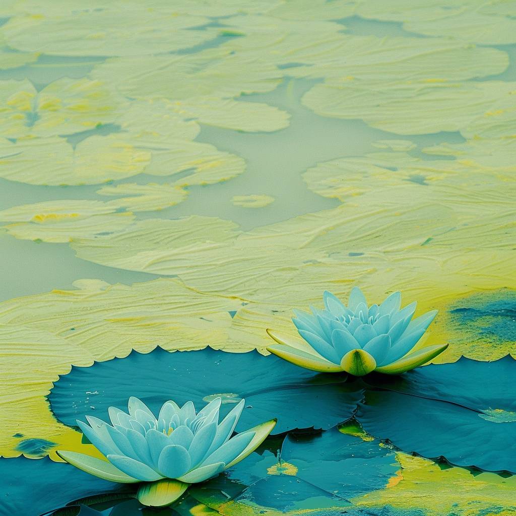 赤外線写真のスタイルで、青緑色の水にライトイエローの睡蓮が浮かぶ、濃緑色と黄色の対比、ミニマリスト、シャープ