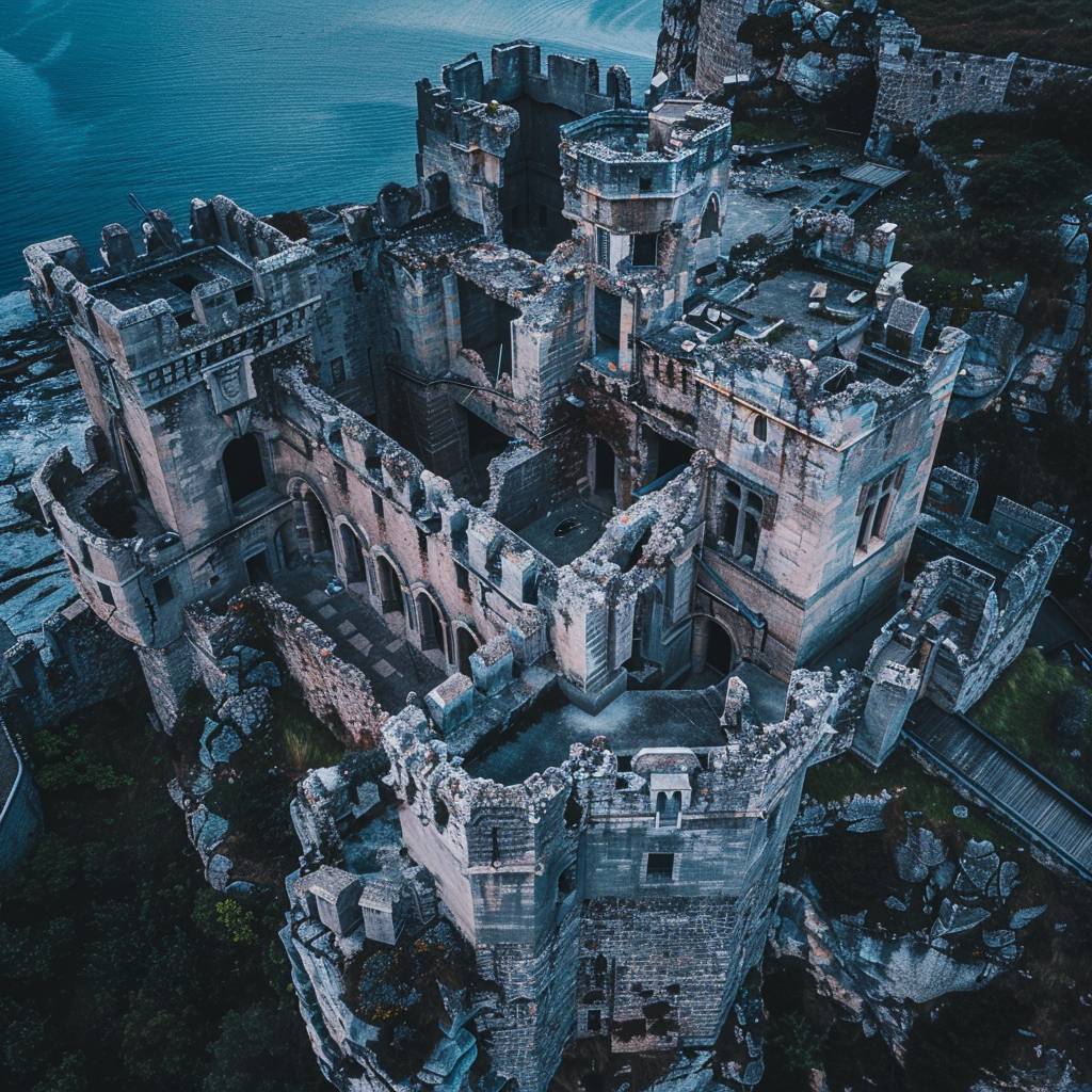 A FPV drone shot through a castle on a cliff.