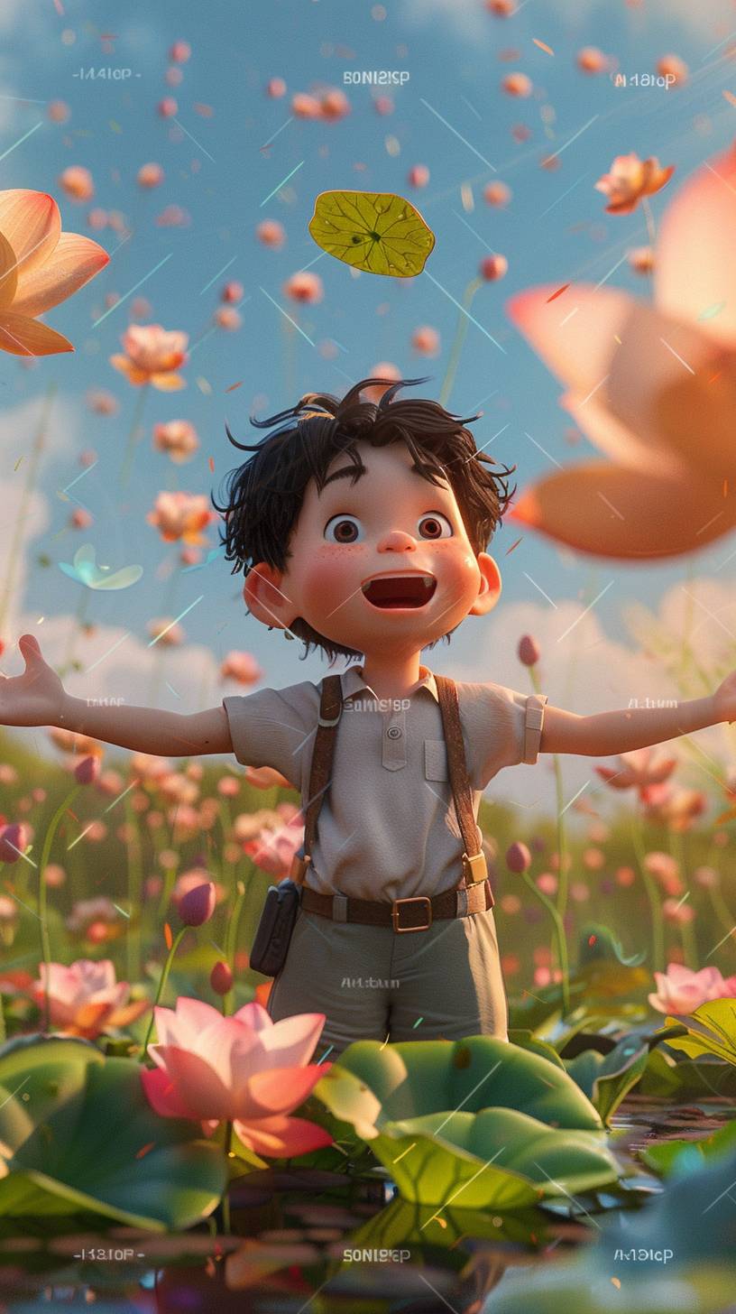 A cartoon little boy with a big head and small body, wearing short clothes and shorts, surrounded by many lotus leaves, playing happily in the summer during summer vacation. The scene includes sunshine, clear sky, bright atmosphere, Disney style, C4D rendering, hyper quality, high resolution, 8K super wide angle, full body shot, and bottom view
