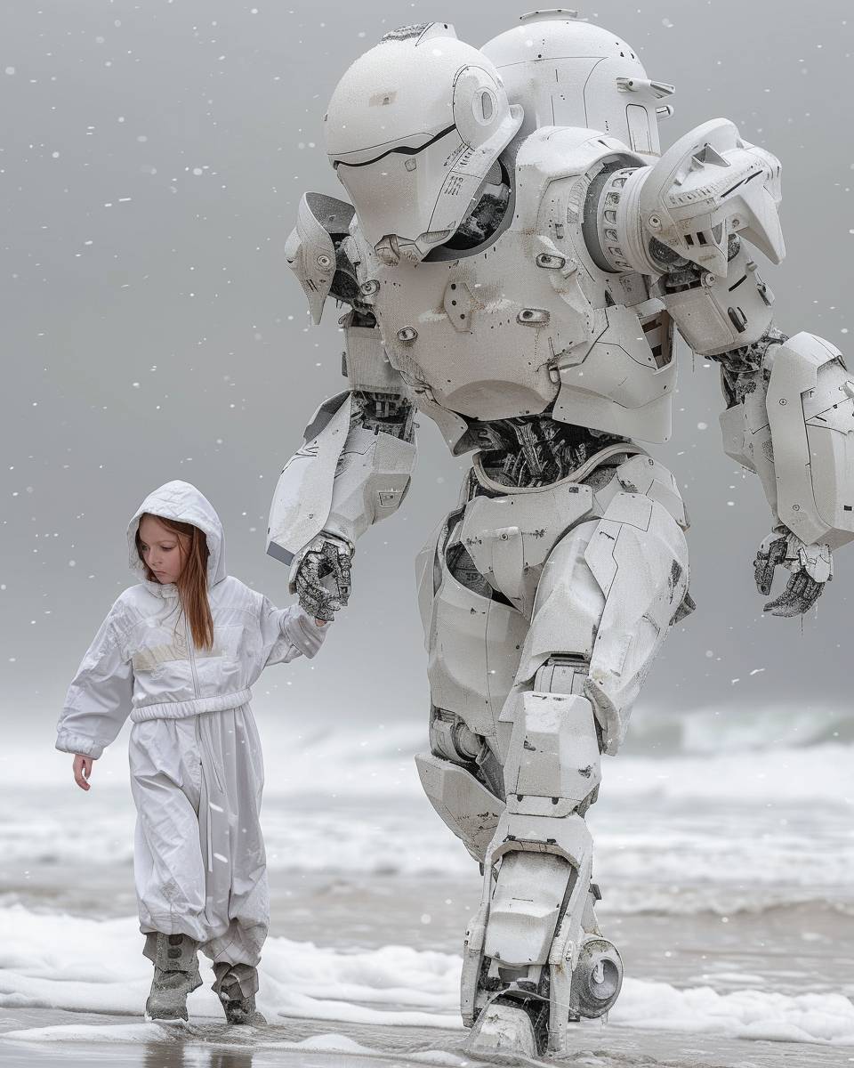 A photo of a white humanoid robot with full body armor and an extra large head walking on the beach in heavy snowfall, holding one hand by its side. It is wearing long pants, boots and has no helmet or mask on. Next to it walks a young girl dressed as Princess Leia from Star Wars, who also wears made out of trash materials and fabric. They both have weathered. The photo was taken using a Canon EOS R5 camera with an RF 80mm f/2 lens, creating a hyper realistic photograph in the style of a photograph.