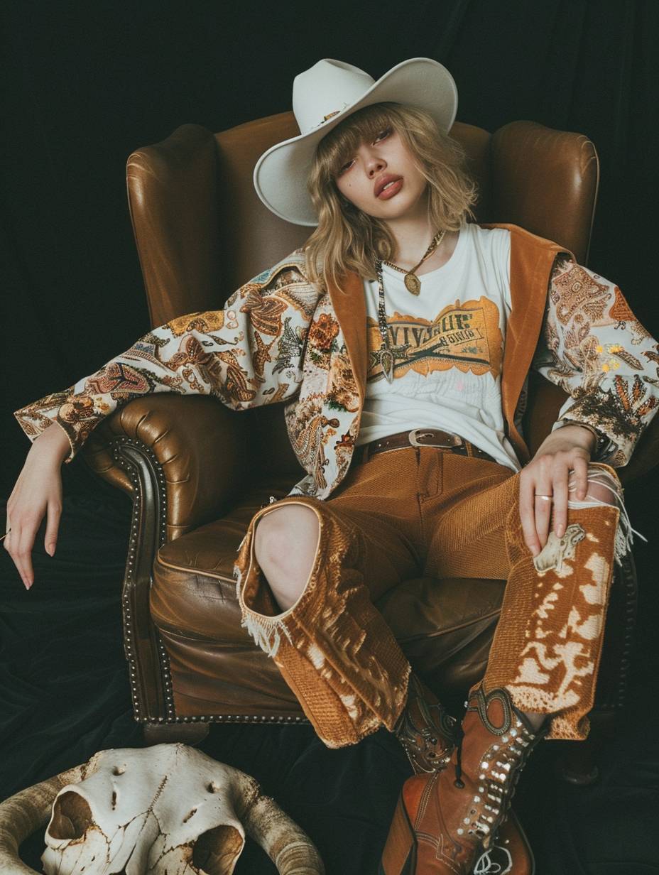 A fashion shot of a woman sitting on an armchair with her legs crossed wearing brown cowboy boots, a white hat and a t-shirt with a vintage western print in pastel colors, she is posing like a model with a dark black background and a cow skull lying next to the chair in the style of a 90s magazine aesthetics, Vogue editorial