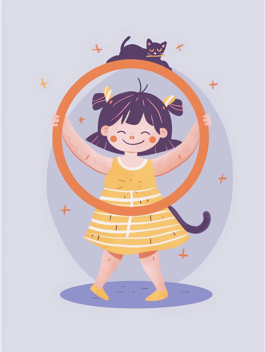 Cute fat girl doing hula hoop with cat on her shoulder, smiling face, light purple background, simple flat illustration style, minimalist graphic design, white and blue color scheme, Asian traditional minimalism, in the style of Ukiyo-e, Colorful, White Background