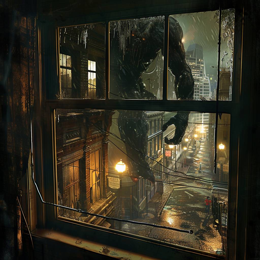 View out a window of a giant strange creature walking in a rundown city at night, one single street lamp dimly lighting the area.