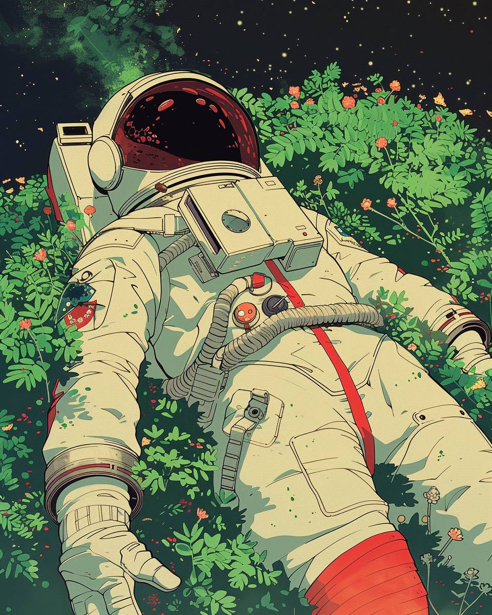 In Matt Bors' cartoons, minimalist, simple, clean, subdued, refined, colorful, vibrant, an astronaut lying in a field of green grass on a space station terrarium with space in the background is depicted. This artwork is done in a retro anime style, reminiscent of Moebius, in the art style of Studio Ghibli.