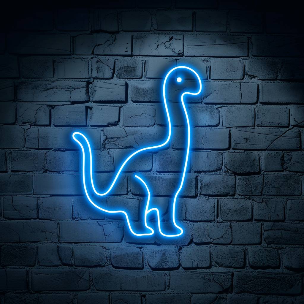 ミニ恐竜の輪郭のネオンライト、青色の光、曲がった首、丸い小さな頭、弓なりの背中、上向きに曲がった尾、短い4本の脚、グレーのレンガの背景。